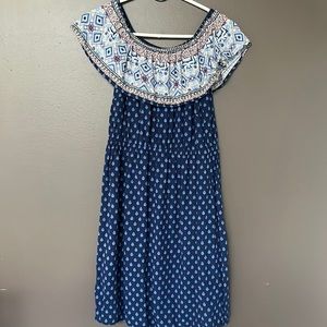blue boho pattern dress, off the shoulder, almost famous, medium